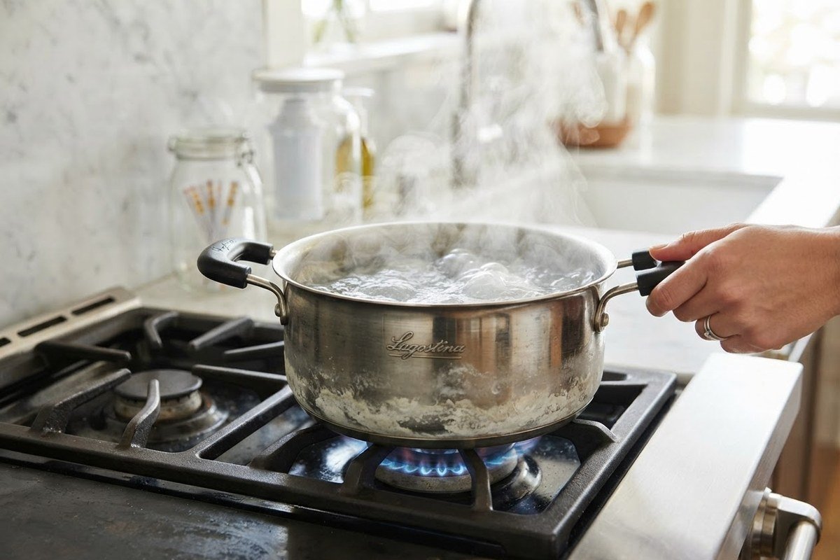 Steam rising from a pot of boiling water on a stove with mineral scale visible inside the pot, illustrating that boiling leaves dissolved contaminants behind
