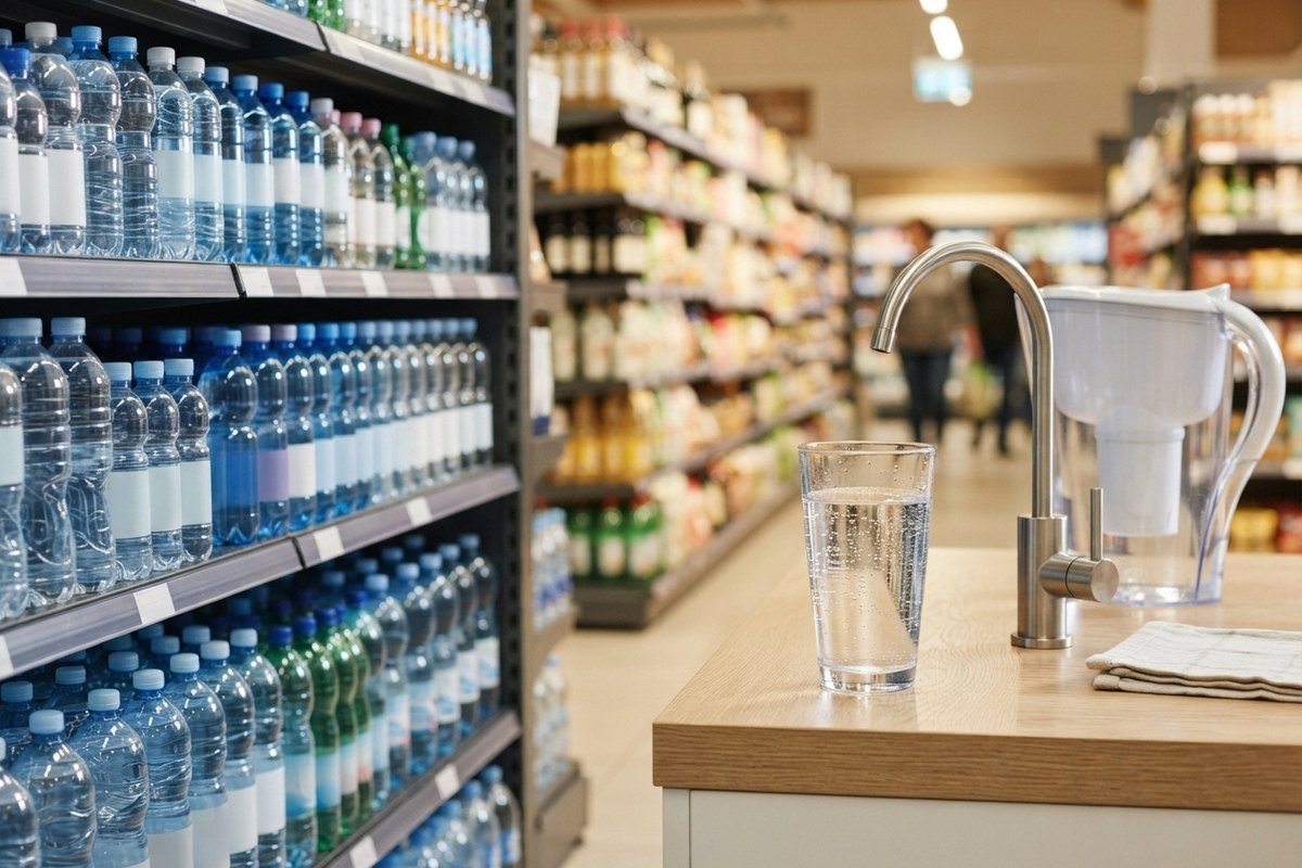 Supermarket aisle of plastic bottled water beside a glass of filtered tap water and a filter pitcher on a kitchen counter