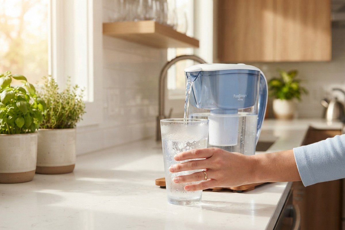 A hand holding a cold glass of filtered water being poured from a countertop filter pitcher in a bright kitchen, illustrating the best everyday hydration choice