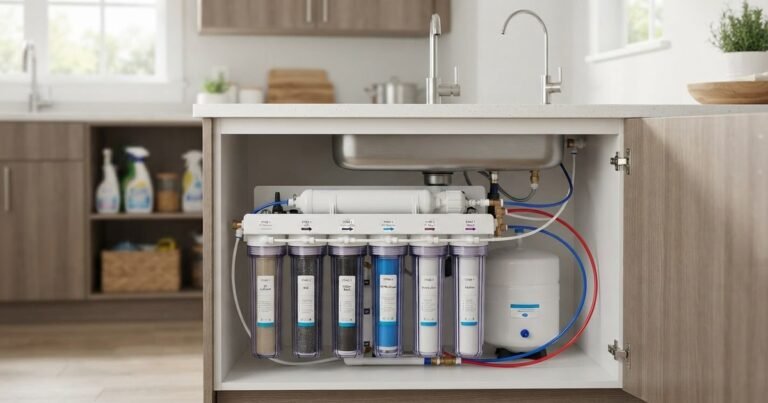 Under-sink 7-stage reverse osmosis water filtration system installed in a modern kitchen cabinet