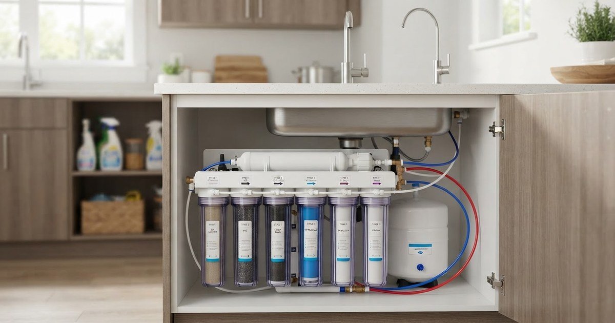 Under-sink 7-stage reverse osmosis water filtration system installed in a modern kitchen cabinet