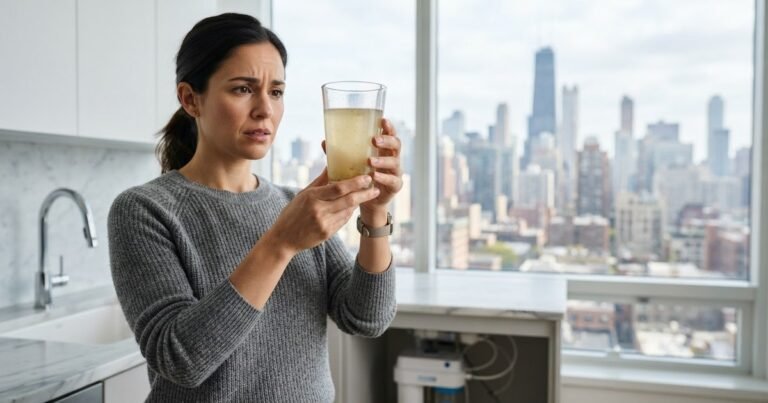 Concerned woman holding a glass of discolored tap water in front of a city skyline, illustrating US cities with the worst water quality