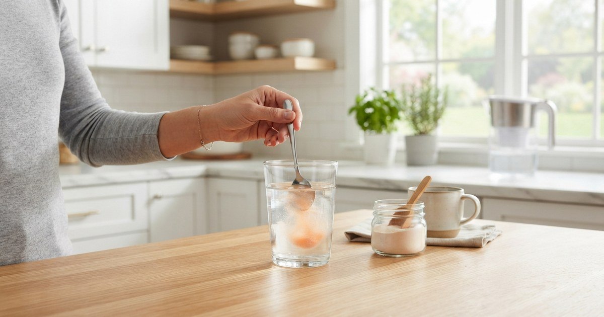 Electrolyte drink mix being stirred into a clear glass of water on a kitchen counter