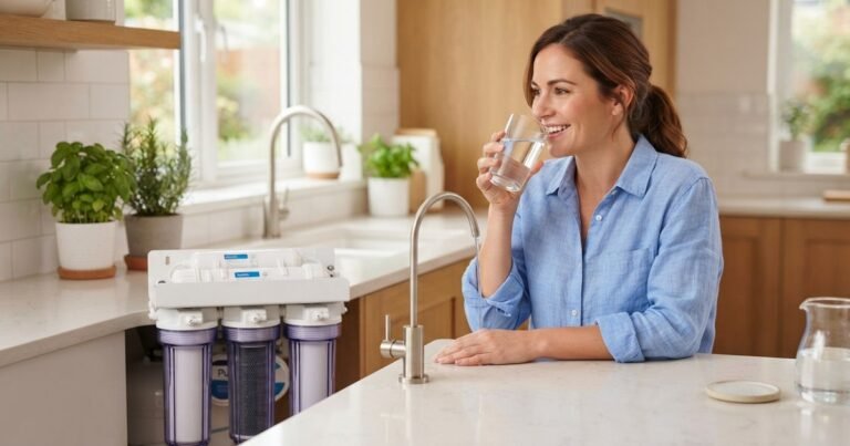 Woman drinking a glass of filtered tap water in a kitchen with an under-sink reverse osmosis water filter system installed
