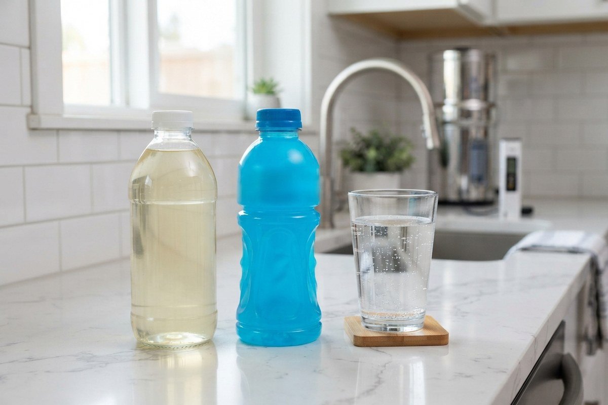 An oral rehydration solution bottle, a sugary sports drink, and a plain glass of water lined up on a kitchen counter for comparison