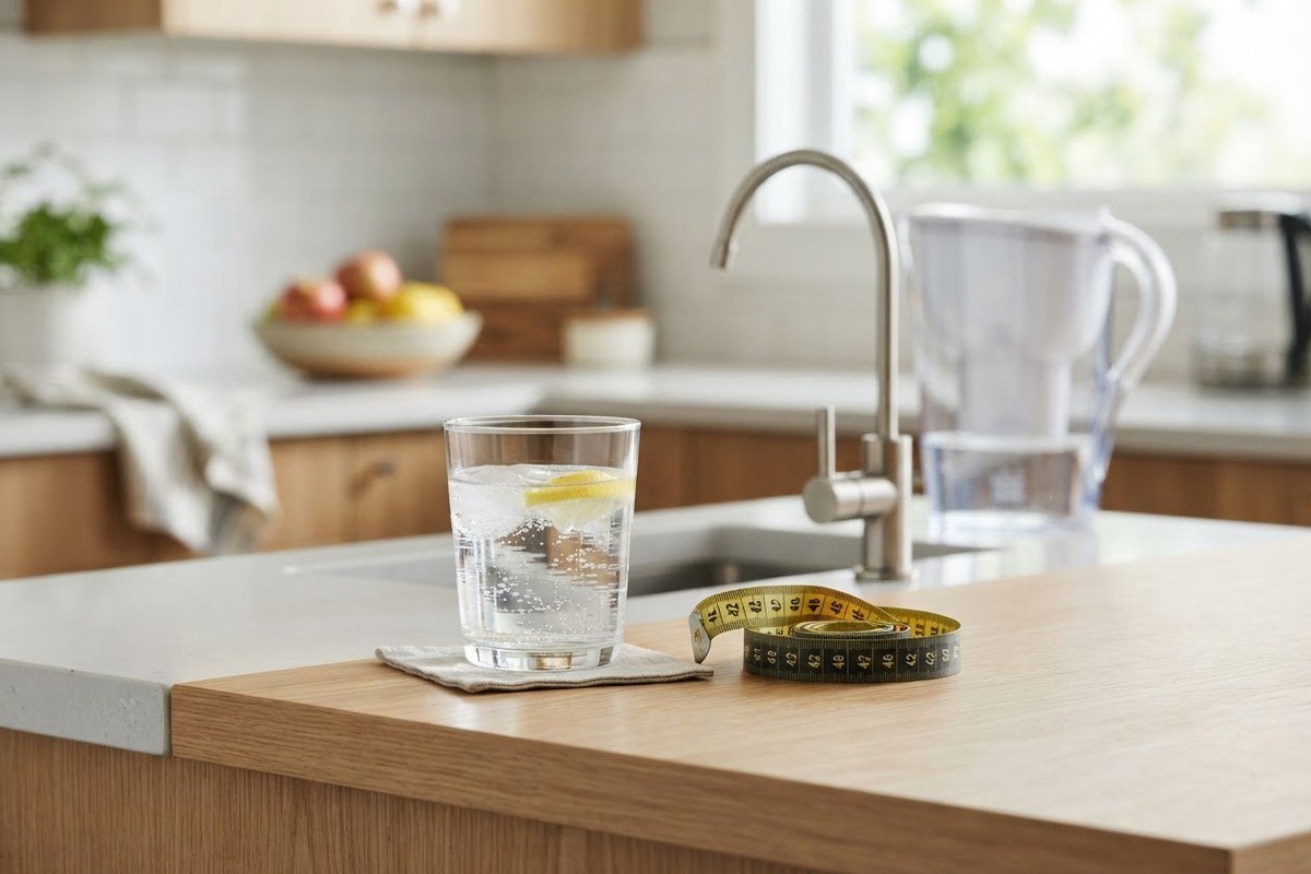 A glass of water and a tape measure on a kitchen counter, illustrating the hydration habits that help manage GLP-1 weight loss side effects