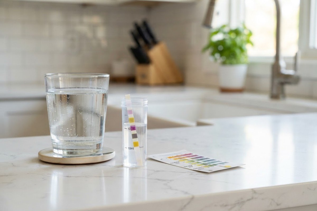 Home drinking water test kit vial and test strip beside a glass of water on a kitchen counter
