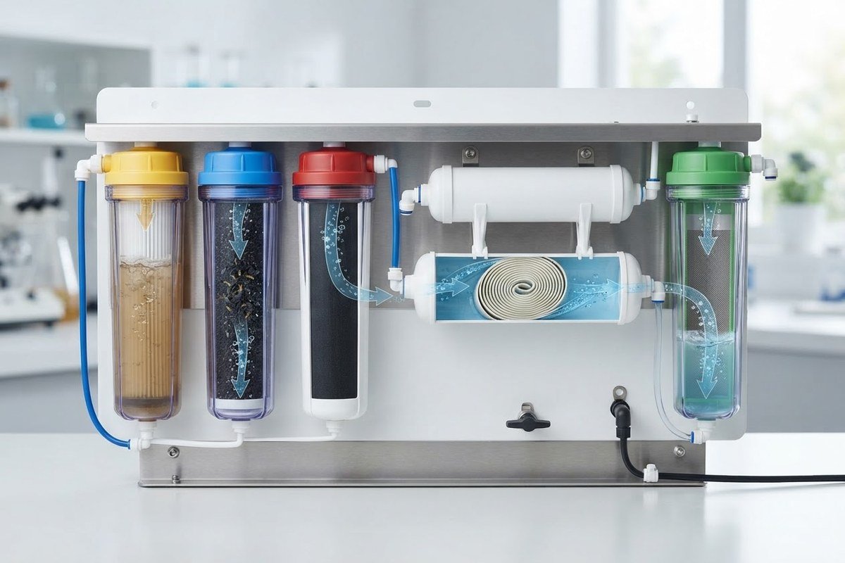 Cutaway view of a multi-stage reverse osmosis system showing sediment, carbon, and membrane filtration stages in sequence