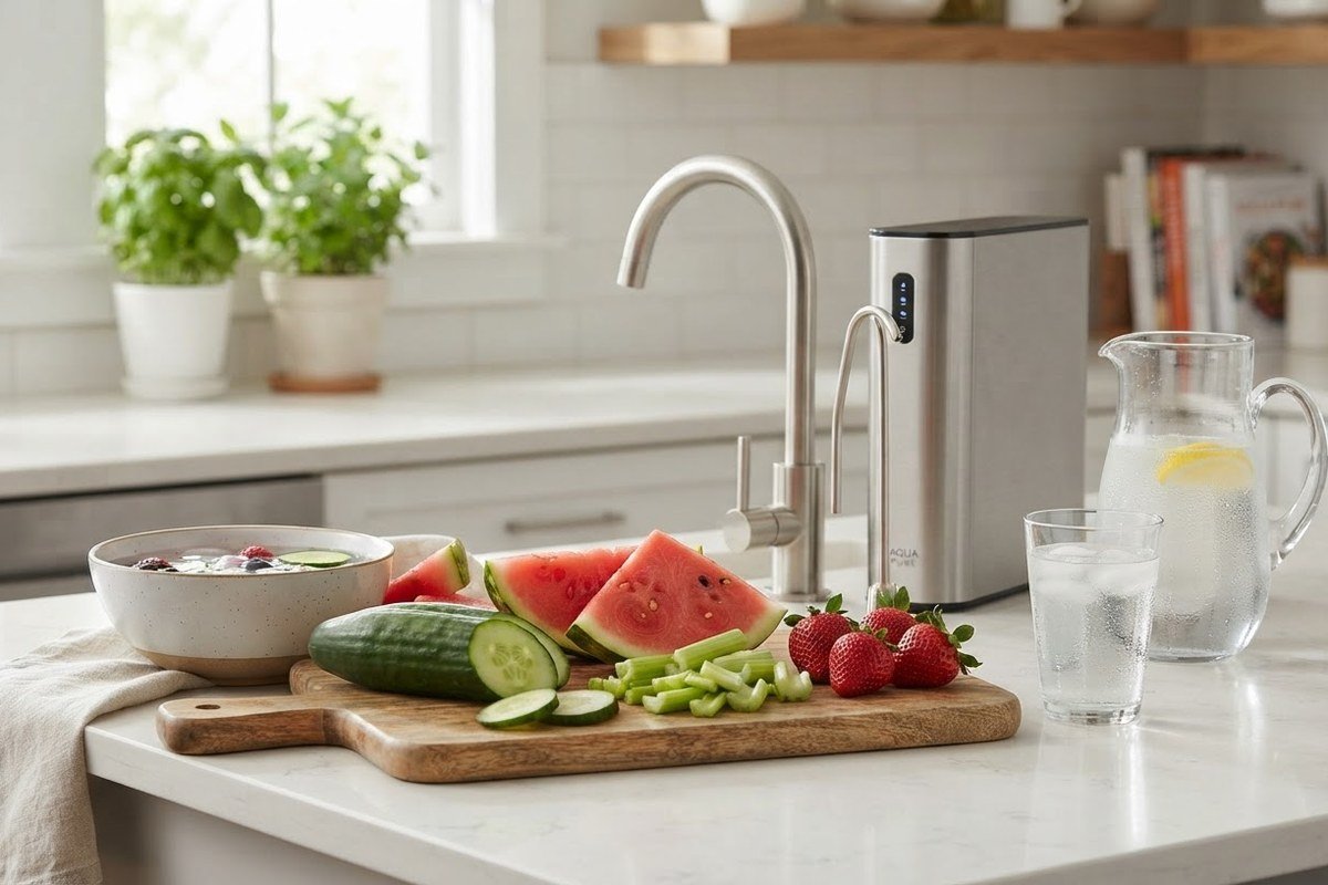 Cucumber, watermelon, celery and strawberries on a kitchen counter as examples of water-rich hydrating foods