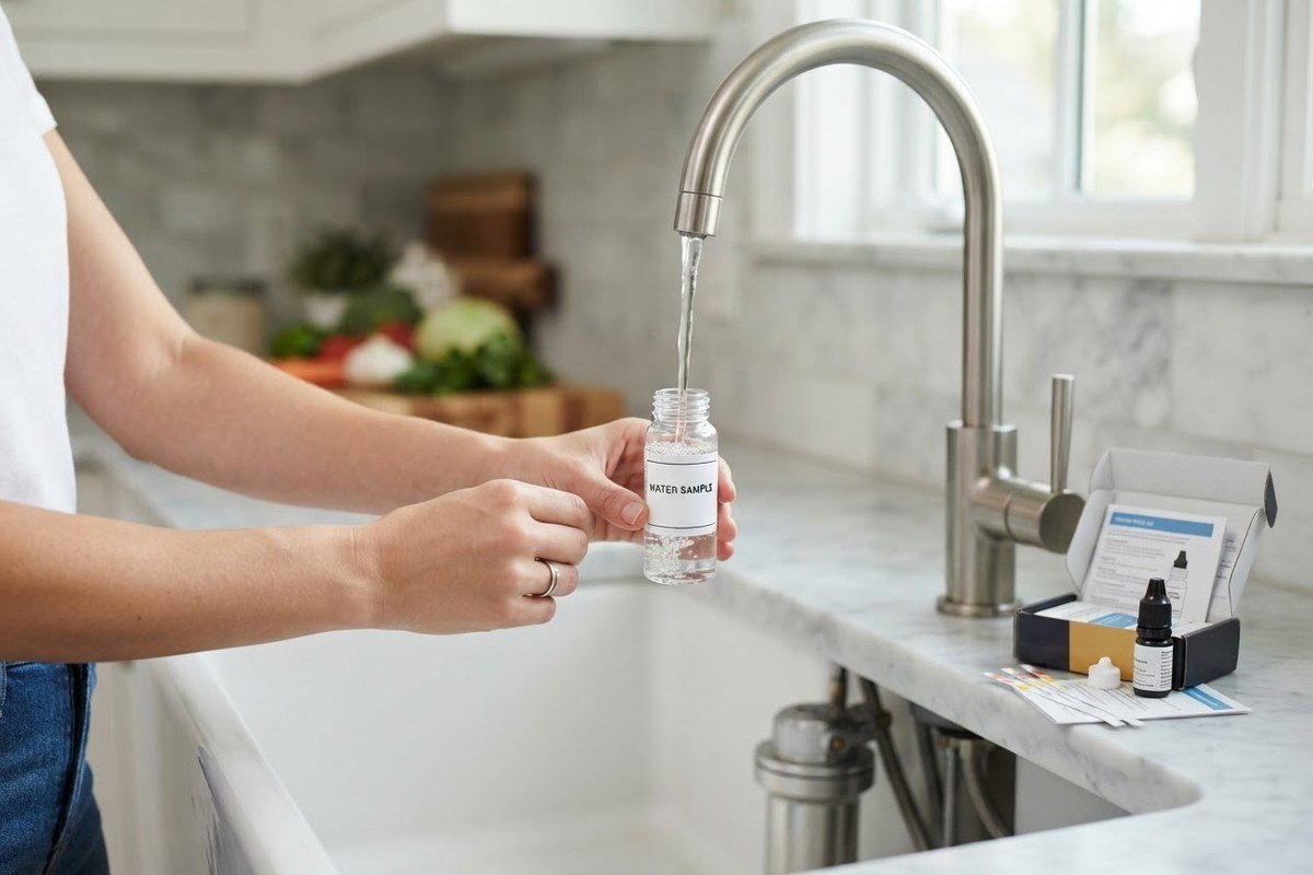 Homeowner filling a certified water test kit vial from a kitchen faucet to check city tap water for lead and other contaminants