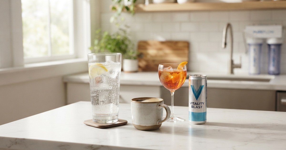 A tall glass of water beside a coffee mug, a cocktail and an energy drink can on a kitchen counter, comparing which drinks dehydrate you
