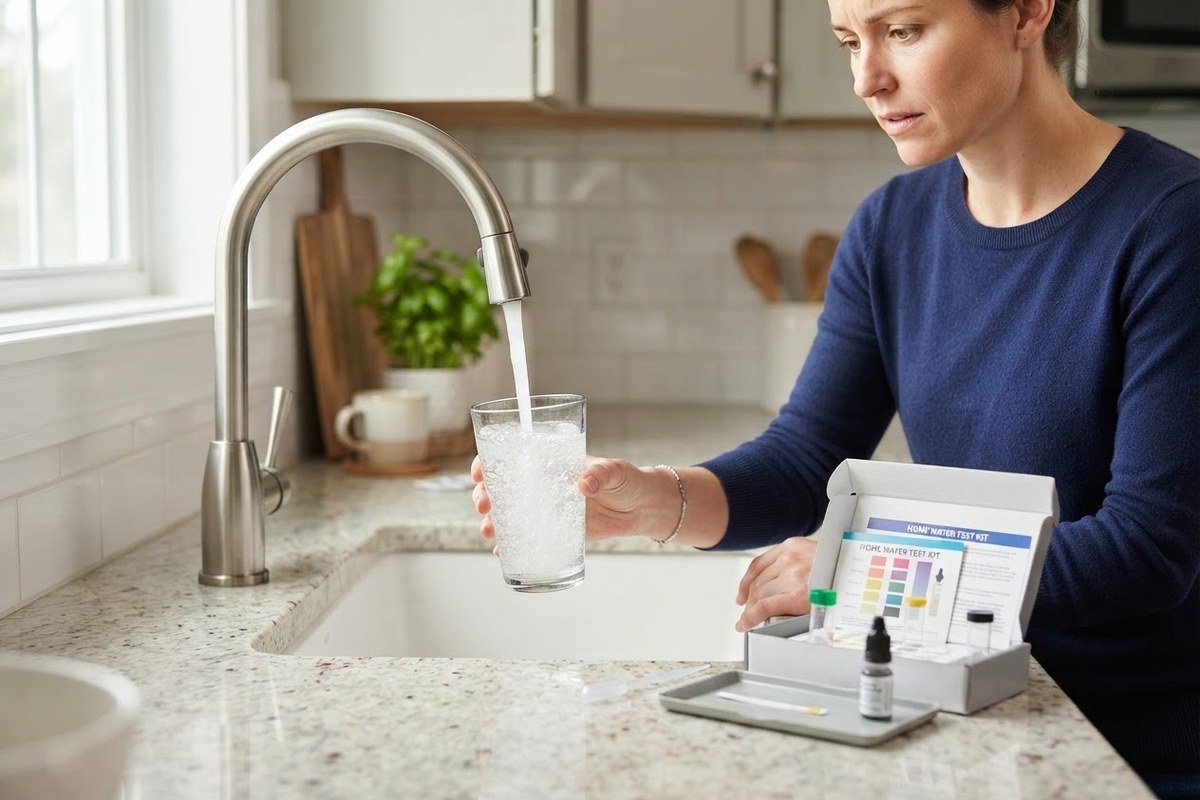 Cloudy tap water filling a glass at a kitchen sink beside a home water test kit, illustrating that visible water quality is an unreliable guide to contamination