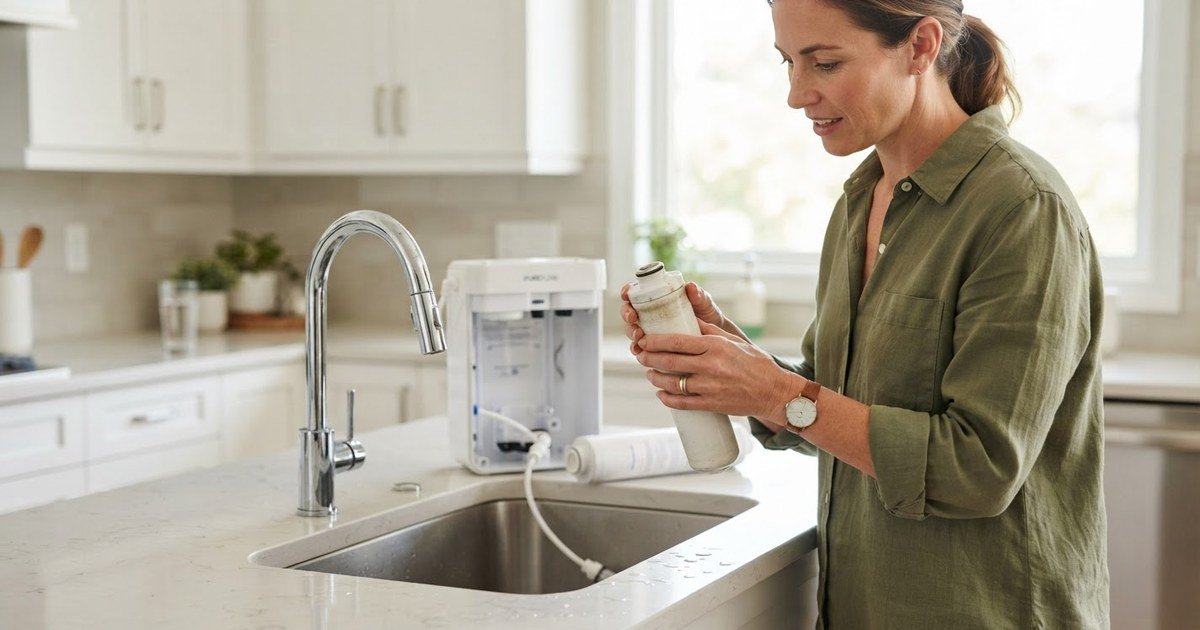 Hand holding a used water filter cartridge under a kitchen faucet, with a fresh replacement cartridge on the counter