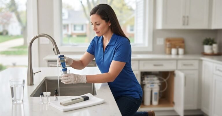 Homeowner testing tap water hardness with a digital meter at a kitchen sink
