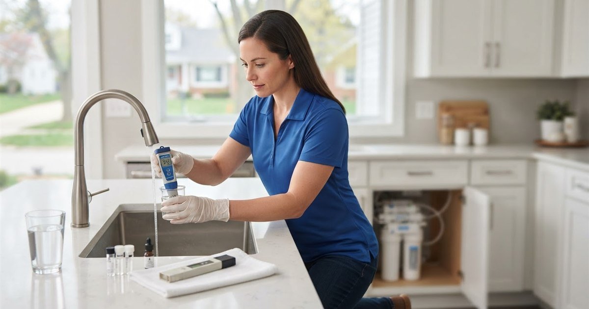 Homeowner testing tap water hardness with a digital meter at a kitchen sink