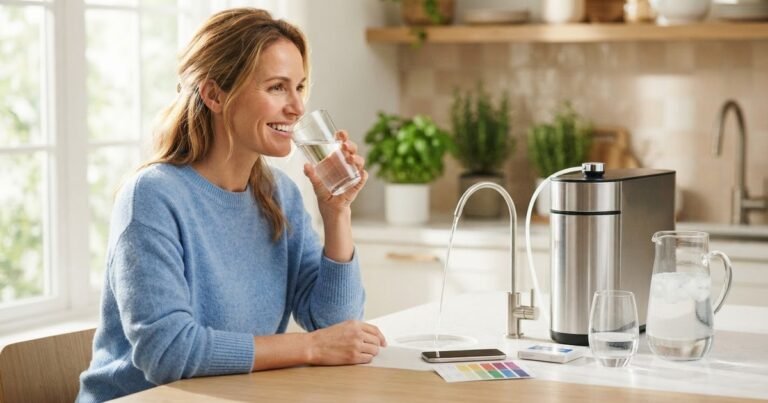 Woman drinking a glass of filtered water at a bright kitchen counter beside a countertop water filter system