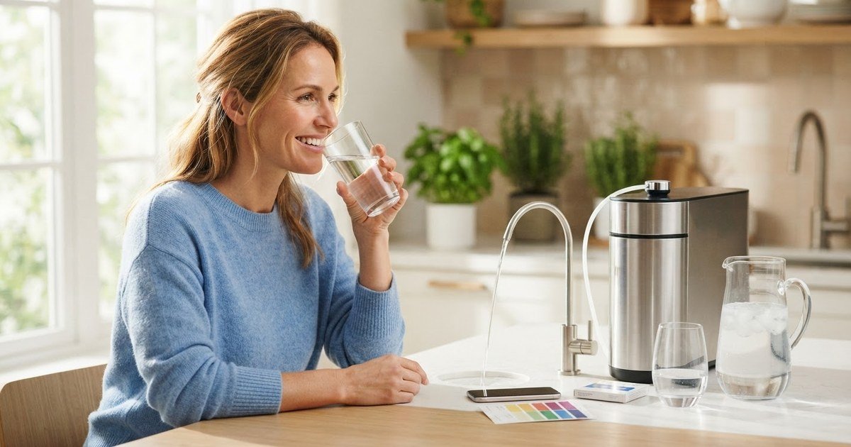 Woman drinking a glass of filtered water at a bright kitchen counter beside a countertop water filter system