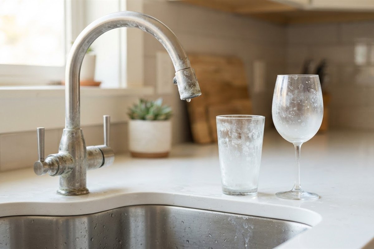 White limescale buildup from hard water on a kitchen faucet with cloudy, spotted drinking glasses beside the sink