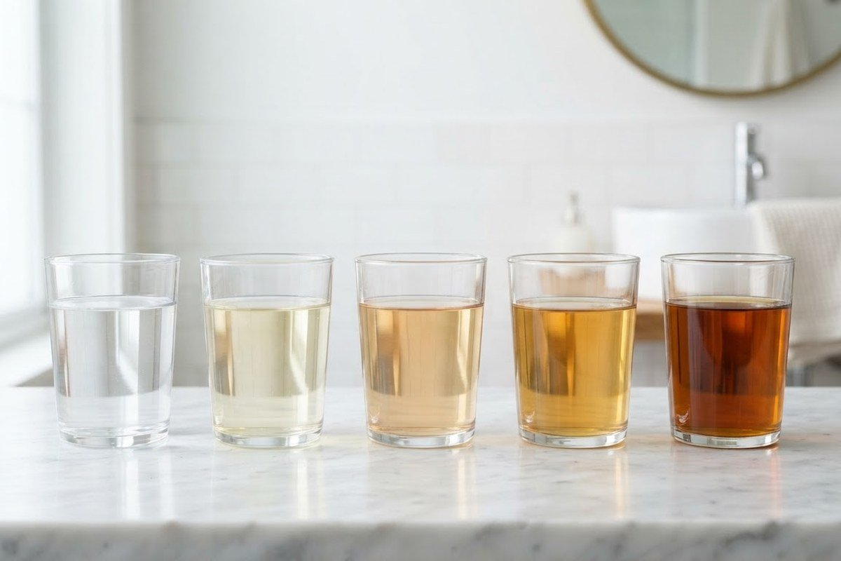 Five glasses of liquid on a bathroom counter graduating from colourless to dark amber, illustrating the urine colour scale used to check hydration at home