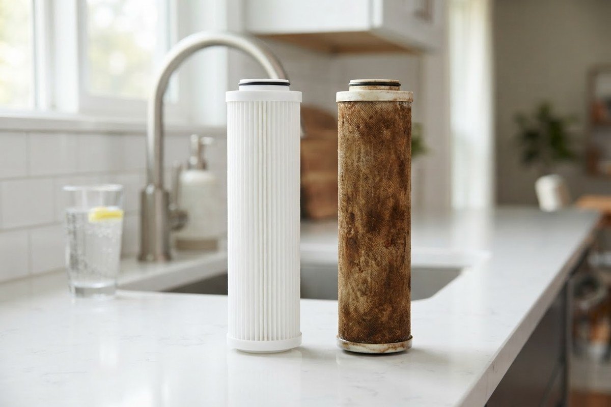 Side-by-side comparison of a clean new white water filter cartridge and a clogged brown used cartridge on a kitchen counter